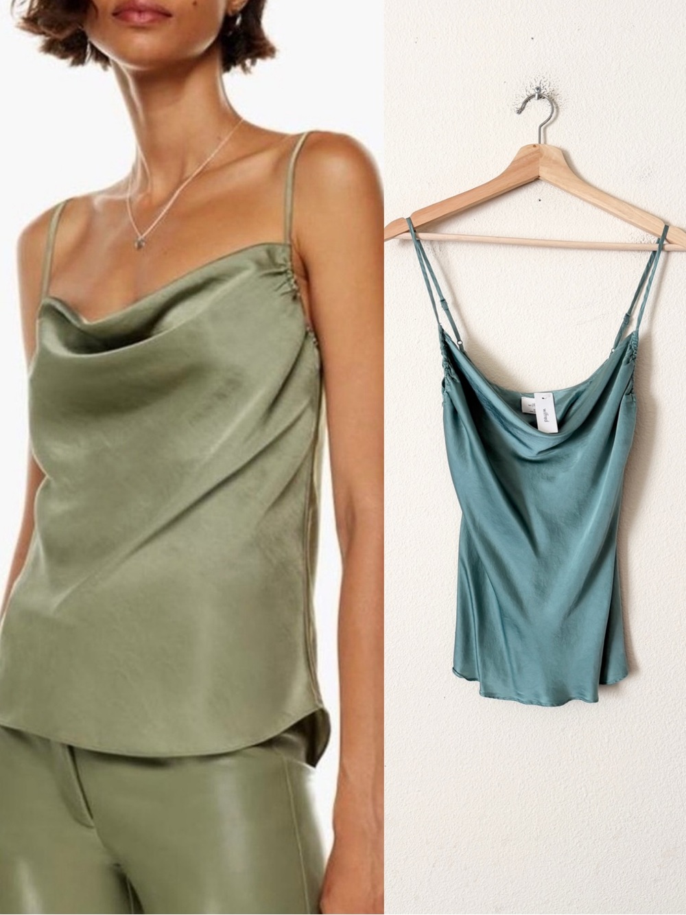 NWT Aritzia Wilfred MEDIUM Allusion satin cowl neck camisole in Yucca Green